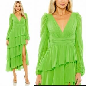 Mac Duggal Green Apple Chiffon Tiered Maxi Dress Long Sleeve Slit Gown Sz 16